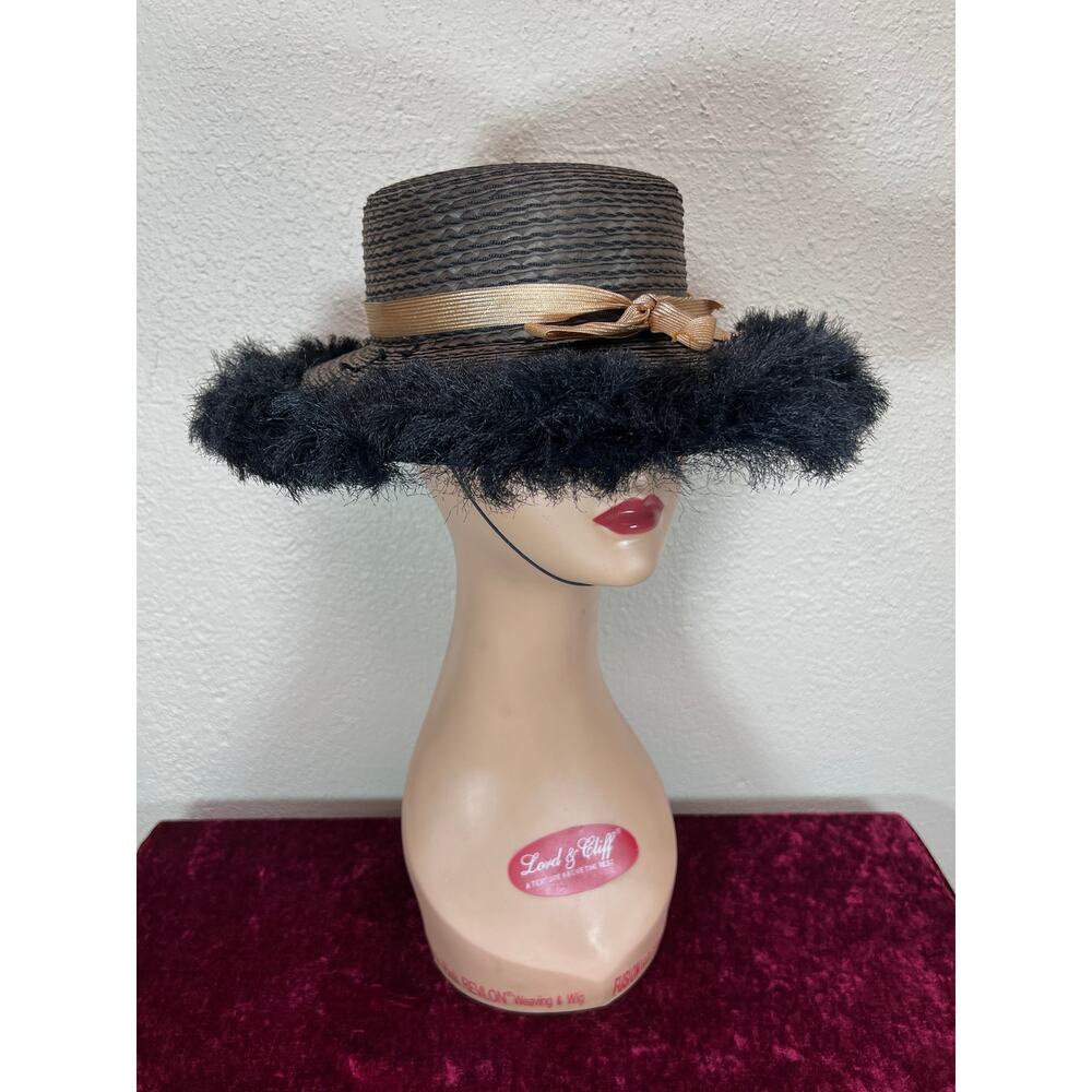 Vintage Accessories Straw Sun Hat Black with Faux Ostrich Feather Brim - Medium